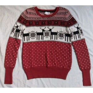 Shrinking Violet Fair Isle Sweater Reindeer Red Knit Pullover Women's Medium